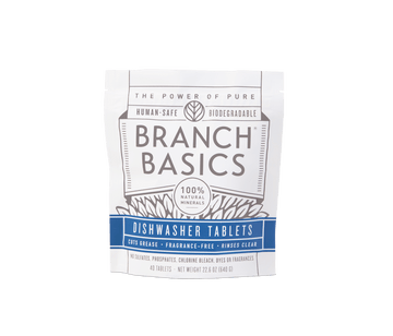 A pouch of Branch Basics Dishwasher Tablets. The packaging is white with blue and grey accents.
